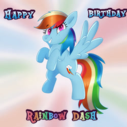 Size: 1024x1024 | Tagged: safe, artist:doraeartdreams-aspy, rainbow dash, pegasus, pony, g4, flying, happy birthday, rainbow dash day, rainbow dash's birthday, solo