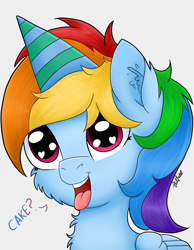 Size: 700x900 | Tagged: safe, artist:thatfamouspony, rainbow dash, pegasus, pony, g4, bust, cheek fluff, chest fluff, ear fluff, hat, heart eyes, open mouth, party hat, portrait, rainbow dash day, rainbow dash's birthday, solo, tongue out, wingding eyes