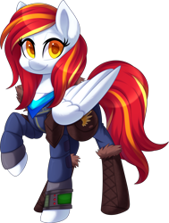 Size: 2110x2792 | Tagged: safe, artist:scarlet-spectrum, oc, oc:diamond sun, pegasus, pony, fallout equestria, alternate universe, bag, bandana, clothes, commission, fallout, female, fur, high res, jumpsuit, leather armor, looking at you, mare, pegasus oc, pipbuck, saddle bag, simple background, transparent background, vault suit, wings