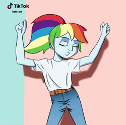 Size: 1954x1939 | Tagged: safe, artist:artiks, rainbow dash, equestria girls, g4, blue fast, clothes, dancing, ponytail, simple background, tiktok