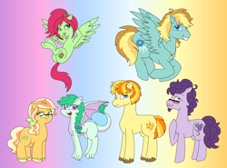 Size: 2846x2107 | Tagged: safe, artist:purfectprincessgirl, oc, oc only, oc:apollo, oc:berry vine, oc:emerald gleam, oc:lady lace, oc:maverick, oc:spring melody, dracony, earth pony, hybrid, pegasus, pony, unicorn, facial hair, female, flying, freckles, glasses, goatee, gradient background, high res, interspecies offspring, male, mare, next generation, offspring, parent:applejack, parent:big macintosh, parent:dumbbell, parent:flash sentry, parent:flim, parent:fluttershy, parent:pinkie pie, parent:rainbow dash, parent:rarity, parent:soarin', parent:spike, parent:twilight sparkle, parents:dumbdash, parents:flashlight, parents:flimjack, parents:fluttermac, parents:soarinpie, parents:sparity, stallion, tongue out, unshorn fetlocks