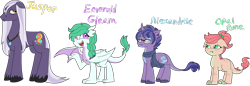 Size: 4167x1439 | Tagged: safe, artist:purfectprincessgirl, oc, oc only, oc:alexandrite, oc:emerald gleam, oc:jasper, oc:opal rune, dracony, earth pony, hybrid, pony, unicorn, adopted offspring, clothes, female, freckles, glasses, interspecies offspring, jewelry, male, mare, necklace, offspring, one wing out, parent:rarity, parent:spike, parents:sparity, scarf, siblings, simple background, stallion, transparent background, unshorn fetlocks, wings