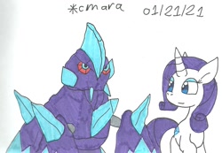 Size: 1269x876 | Tagged: safe, artist:cmara, rarity, gigalith, pony, unicorn, g4, crossover, eyeshadow, female, makeup, mare, pokémon, shiny pokémon, simple background, traditional art, video game crossover, white background