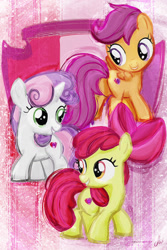 Size: 1200x1800 | Tagged: safe, artist:xoaba, apple bloom, scootaloo, sweetie belle, earth pony, pegasus, pony, unicorn, g4, butt, cutie mark background, cutie mark crusaders, female, filly, plot, poster, traditional art, trio