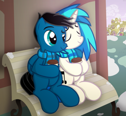 Size: 7200x6600 | Tagged: safe, artist:agkandphotomaker2000, dj pon-3, vinyl scratch, oc, oc:pony video maker, pegasus, pony, unicorn, g4, bench, building, canon x oc, coffee, coffee cup, coffee stop, complex background, cup, female, hoof on shoulder, male, ponyville, shipping, show accurate, sitting, snow, snuggling, straight, videoscratch, winter