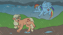 Size: 1280x720 | Tagged: safe, artist:applejackofalltrades, applejack, rainbow dash, earth pony, pegasus, pony, g4, cloud, doodle, duo, female, flying, freckles, hill, lesbian, looking at each other, mare, outdoors, rain, ship:appledash, shipping, spread wings, unshorn fetlocks, water, wet, wings
