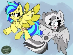 Size: 2048x1536 | Tagged: safe, artist:nordicgoat, oc, oc only, oc:chrome finish, oc:koa, pegasus, pony, blushing, chest fluff, commission, duo, ear fluff, flying, looking at each other, open mouth, smiling, spread wings, wings