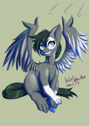 Size: 1771x2508 | Tagged: safe, artist:ero-bee, oc, oc only, hybrid, pegasus, pony, eyelashes, gray background, paws, pegasus oc, signature, simple background, sitting, smiling, solo, wings