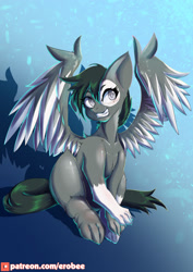 Size: 1063x1505 | Tagged: safe, alternate version, artist:ero-bee, oc, oc only, hybrid, pegasus, pony, eyelashes, patreon, patreon logo, paws, pegasus oc, signature, sitting, smiling, solo, wings