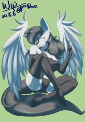 Size: 1062x1505 | Tagged: safe, alternate version, artist:ero-bee, oc, oc only, pegasus, anthro, unguligrade anthro, clothes, evening gloves, eyelashes, gloves, gray background, latex, latex gloves, latex socks, latex suit, long gloves, pegasus oc, signature, simple background, sitting, smiling, socks, solo, wings