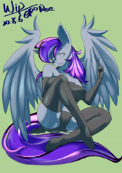 Size: 1771x2508 | Tagged: safe, alternate version, artist:ero-bee, oc, oc only, pegasus, anthro, unguligrade anthro, clothes, evening gloves, eyelashes, gloves, gray background, latex, latex gloves, latex socks, latex suit, long gloves, pegasus oc, signature, simple background, sitting, smiling, socks, solo, wings