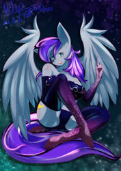 Size: 1771x2508 | Tagged: safe, alternate version, artist:ero-bee, oc, oc only, pegasus, anthro, unguligrade anthro, clothes, evening gloves, eyelashes, gloves, latex, latex gloves, latex socks, latex suit, long gloves, pegasus oc, signature, sitting, smiling, socks, solo, wings