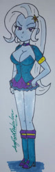 Size: 636x1979 | Tagged: safe, artist:amyrosexshadowlover, trixie, equestria girls, g4, blue skin, boots, breasts, busty trixie, choker, cleavage, clothes, cute, diatrixes, eyelashes, female, frown, hairclip, hand on hip, high heel boots, high heels, shoes, signature, skirt, solo, traditional art, white hair