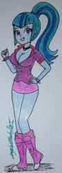 Size: 708x1971 | Tagged: safe, artist:amyrosexshadowlover, sonata dusk, equestria girls, g4, boots, breasts, choker, cleavage, clothes, eyelashes, female, grin, hand on hip, shoes, shorts, signature, smiling, solo, spiked wristband, traditional art, wristband