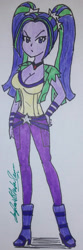 Size: 742x2245 | Tagged: safe, artist:amyrosexshadowlover, aria blaze, equestria girls, g4, boots, bracelet, breasts, choker, cleavage, clothes, eyelashes, female, frown, hand on hip, high heel boots, jewelry, pants, shoes, signature, solo, traditional art