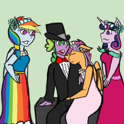 Size: 800x800 | Tagged: safe, artist:mintymelody, rainbow dash, scootaloo, spike, twilight sparkle, anthro, a canterlot wedding, g4, bridesmaid, bridesmaid dress, bridesmaids, clothes, dress, female, flower filly, flower girl, flower girl dress, hat, male, marriage, request, ship:scootaspike, shipping, straight, suit, top hat, tuxedo, wedding