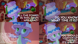 Size: 1986x1117 | Tagged: safe, edit, edited screencap, editor:quoterific, screencap, spike, twilight sparkle, dragon, pony, unicorn, friendship is magic, g4, angry, duo, female, golden oaks library, lamp, male, open mouth, pillow, pillow hat, twilight sparkle is not amused, unamused, unicorn twilight