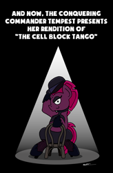 Size: 2953x4500 | Tagged: safe, artist:bobthedalek, tempest shadow, pony, unicorn, my little pony: the movie, chair, chicago, clothes, fishnet pantyhose, hat, high heels, looking at you, musical, shoes, smug