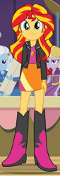 Size: 217x642 | Tagged: safe, screencap, sunset shimmer, trixie, equestria girls, g4, my little pony equestria girls: rainbow rocks, boots, clothes, cropped, cute, jacket, shoes, skirt, smiling, solo focus