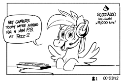 Size: 2504x1690 | Tagged: safe, artist:kyssimmee, rainbow dash, pegasus, pony, g4, computer, dialogue, gamer, headset, implied scootaloo, keyboard, looking at you, offscreen character, smiling, solo