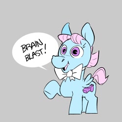 Size: 1496x1496 | Tagged: safe, artist:kyssimmee, wind whistler, pegasus, pony, g1, bow, bowtie, brain blast, crossover, cute, dialogue, female, gray background, jimmy neutron: boy genius, mare, raised hoof, raised leg, simple background, smiling, solo, speech bubble, the adventures of jimmy neutron: boy genius, whistlerbetes