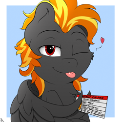 Size: 2000x2000 | Tagged: safe, artist:h3nger, oc, oc only, oc:digidash, pegasus, pony, :p, cute, dark gray coat, feathered wings, heart, high res, horny on main, implied group sex, implied sex, implied threesome, male, multicolored mane, pegasus oc, red eyes, solo, stallion, tongue out, wing hands, wings