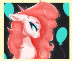 Size: 1300x1100 | Tagged: safe, artist:inkypuso, pinkie pie, earth pony, pony, g4, balloon, chest fluff, curly mane, ear fluff, eyelashes, eyeshadow, female, floppy ears, looking at you, makeup, mare, pink mane, smiling, smiling at you, solo
