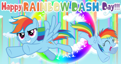 Size: 1605x853 | Tagged: safe, artist:ambassad0r, artist:cloudy glow, artist:korikian, artist:lachlancarr1996, artist:narflarg, rainbow dash, pegasus, pony, g4, cloud, cute, dashabetes, eyes closed, female, filly, filly rainbow dash, flying, multeity, rainbow dash day, rainbow waterfall, sky, solo, sonic rainboom, younger
