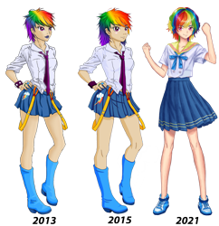 Size: 3969x4092 | Tagged: safe, artist:erim-kawamori, rainbow dash, human, g4, 2013, 2015, 2021, alternate hairstyle, anime, belt, boots, clothes, comparison, female, humanized, jewelry, lipstick, necktie, ring, school uniform, schoolgirl, shirt, shoes, simple background, skirt, sneakers, solo, spiked wristband, sweatband, transparent background, wristband
