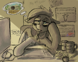 Size: 2178x1742 | Tagged: safe, artist:dreamyskies, fluttershy, oc, oc:dreamer skies, pegasus, pony, g4, bags under eyes, bruised, coffee mug, computer, computer mouse, cyrillic, depression, exhausted, floppy ears, graphics tablet, insomnia, mouth hold, mug, pegasus oc, pencil, quick draw, russian, sad, sketch, solo, stylus, supporting head, text, thought bubble, tired