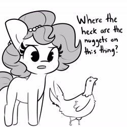 Size: 4096x4096 | Tagged: safe, artist:tjpones, oc, oc only, oc:brownie bun, bird, chicken, earth pony, pony, absurd resolution, black and white, female, grayscale, implied ponies eating meat, mare, monochrome, simple background, solo, white background