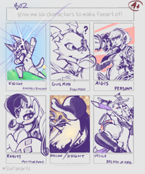 Size: 854x1026 | Tagged: safe, artist:bose, rarity, cat, guilmon, human, pony, unicorn, anthro, g4, aigis, animal crossing, anthro with ponies, breath of fire, bust, crossover, digimon, female, gun, hollow knight, male, mare, persona, shovel knight, six fanarts, weapon