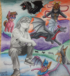 Size: 1981x2168 | Tagged: safe, artist:armorwing, oc, oc:antiquity, oc:belfry, bat pony, dragon, earth pony, human, pony, bat pony oc, bat wings, earth pony oc, glasses, male, sitting, stallion, wings