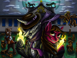 Size: 2188x1642 | Tagged: safe, artist:armorwing, earth pony, pony, bone, bust, clothes, female, fire, grin, hat, male, mare, necktie, outdoors, ponified, pyromancy, scarf, skeleton, smiling, stallion