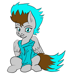Size: 1505x1642 | Tagged: safe, artist:@cameron, artist:ciaran, artist:demisky, derpibooru exclusive, oc, oc:blue flare, pony, 2021 community collab, derpibooru community collaboration, base used, clothes, fiery mane, fiery tail, hoodie, looking around, simple background, sitting, solo, transparent background, wings