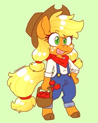 Size: 1017x1270 | Tagged: safe, artist:creepincrawl, applejack, earth pony, anthro, unguligrade anthro, g4, apple, apple basket, bandana, basket, colored pupils, cute, food, green background, hand on hip, jackabetes, open mouth, pigtails, simple background, smiling, solo