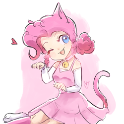 Size: 1280x1280 | Tagged: safe, artist:niorsaj, pinkie pie, human, g4, alternate hairstyle, anime, bell, bell collar, cat bell, cat ears, cat tail, catgirl, clothes, collar, cute, cute little fangs, diapinkes, dress, eared humanization, fangs, female, heart, humanized, one eye closed, open mouth, paws, pinkie cat, sitting, smiling, solo, tailed humanization, wink