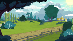 Size: 7680x4320 | Tagged: safe, artist:le-23, absurd resolution, airship, background, canterlot, complex background, fence, mountain, road, tree, vector, wallpaper, windmill