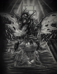 Size: 1690x2200 | Tagged: safe, artist:armorwing, oc, oc only, changeling, pegasus, pony, bust, changeling oc, colored hooves, duo, fangs, grayscale, horn, indoors, monochrome, open mouth, pegasus oc, traditional art, wings