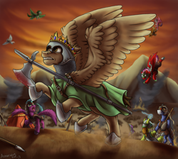 Size: 1368x1224 | Tagged: safe, artist:armorwing, oc, oc only, earth pony, pegasus, pony, unicorn, armor, axe, battle axe, crown, earth pony oc, fight, flying, glowing horn, goggles, helmet, hoof shoes, horn, jewelry, mountain, outdoors, pegasus oc, rearing, regalia, unicorn oc, weapon, wings
