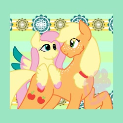 Size: 933x933 | Tagged: safe, artist:mysteriousdollart, applejack, fluttershy, earth pony, pegasus, pony, g4, body freckles, colored hooves, colored wings, female, freckles, lesbian, looking at each other, multicolored wings, ship:appleshy, shipping, wings