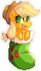 Size: 960x1680 | Tagged: artist needed, safe, artist:drawntildawn, applejack, earth pony, pony, g4, christmas, christmas stocking, cute, female, holiday, jackabetes, manepxls, mare, open mouth, pixel art, pxls.space, simple background, smiling, solo, transparent background