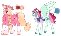 Size: 1280x761 | Tagged: safe, artist:twilightpriincess, oc, oc only, earth pony, pegasus, pony, bow, braid, clothes, coat markings, duo, freckles, hat, one wing out, shirt, simple background, socks (coat markings), sun hat, tail bow, transparent background, unshorn fetlocks, wings