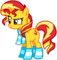 Size: 1080x1152 | Tagged: safe, artist:dasheroni, artist:mohawgo, sunset shimmer, pony, unicorn, g4, boots, clothes, female, manepxls, mare, pixel art, pxls.space, scarf, shoes, show accurate, side view, simple background, smiling, smirk, solo, transparent background, winter