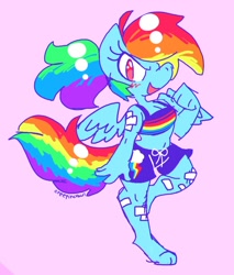 Size: 1188x1397 | Tagged: safe, artist:creepincrawl, rainbow dash, pegasus, anthro, g4, bandage, belly button, breasts, cleavage, clothes, female, looking at you, open mouth, ponytail, shorts, smiling, solo