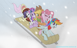 Size: 1920x1200 | Tagged: safe, artist:muffins4everypony, applejack, fluttershy, pinkie pie, rainbow dash, rarity, twilight sparkle, earth pony, pegasus, pony, unicorn, g4, clothes, coat, earmuffs, female, hood, mane six, mare, nose in the air, scarf, screaming, sled, sledding, snow, volumetric mouth, windswept mane