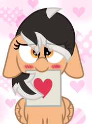 Size: 899x1200 | Tagged: safe, artist:froyo15sugarblast, oc, oc only, oc:hearty felt, pegasus, pony, blushing, eye clipping through hair, female, heart, holiday, looking at you, love note, mare, pegasus oc, show accurate, smiling, solo, valentine's day