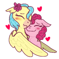 Size: 400x400 | Tagged: safe, artist:princessmuffinart, pinkie pie, princess skystar, classical hippogriff, earth pony, hippogriff, pony, g4, blushing, female, heart, lesbian, ship:skypie, shipping, simple background, snuggling, transparent background