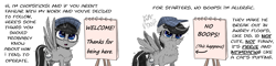 Size: 3400x811 | Tagged: safe, artist:chopsticks, oc, oc only, oc:chopsticks, pegasus, pony, butt fluff, cheek fluff, chest fluff, dialogue, fluffy, hat, implied non-consensual booping, looking at you, no boop, solo, text
