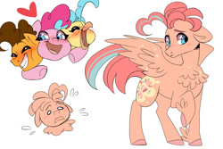 Size: 1280x853 | Tagged: safe, artist:peachydust, cheese sandwich, pinkie pie, princess skystar, oc, oc:bumblesweet, classical hippogriff, earth pony, hippogriff, hybrid, pony, g4, my little pony: the movie, bisexual, cheeseskypie, chest fluff, feathered fetlocks, female, hug, interspecies offspring, lesbian, magical threesome spawn, male, offspring, parent:cheese sandwich, parent:pinkie pie, parent:princess skystar, parents:cheeseskypie, polyamory, ship:cheesepie, ship:skypie, shipping, simple background, straight, white background